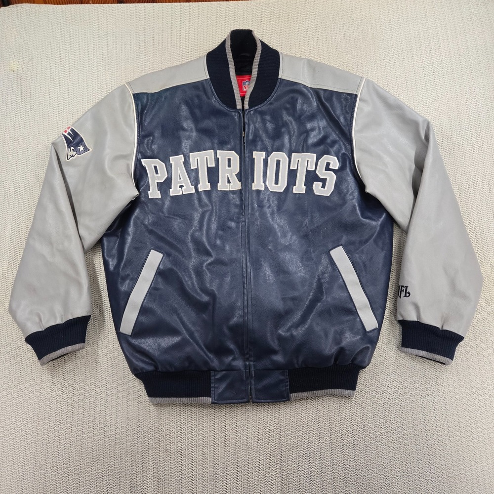 NFL New England Patriots Jacket Coat Men Medium Faux Leather Blue Bomber Varsity